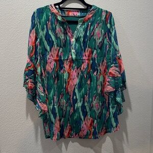 🌺 Gorgeous Multicolor Boho-Inspired L/S Three-Tiered Blouse – Size L 🌺